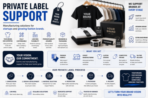Private Label Support Manufacturing solutions for startups and growing fashion brands.